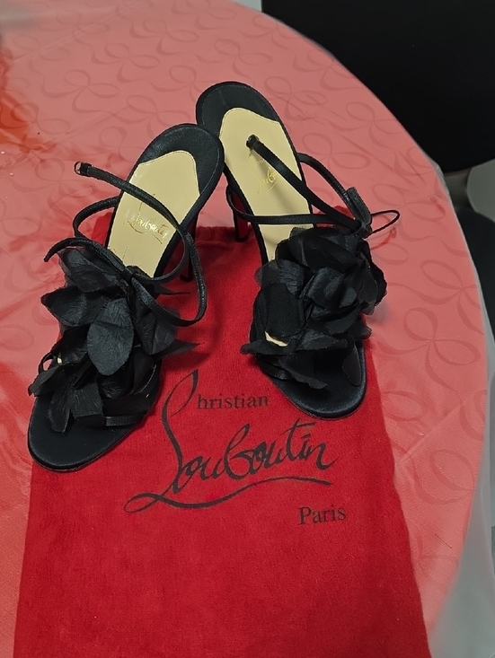 Christian Louboutin Shoes - Christian Louboutin Black Floral Satin Strappy Heels